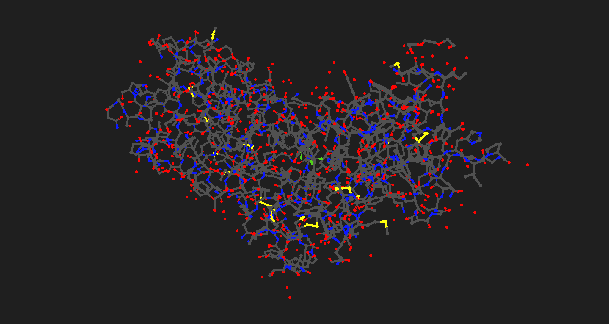 A rendering of a large protein molecule where the same atoms are colored with the same color.