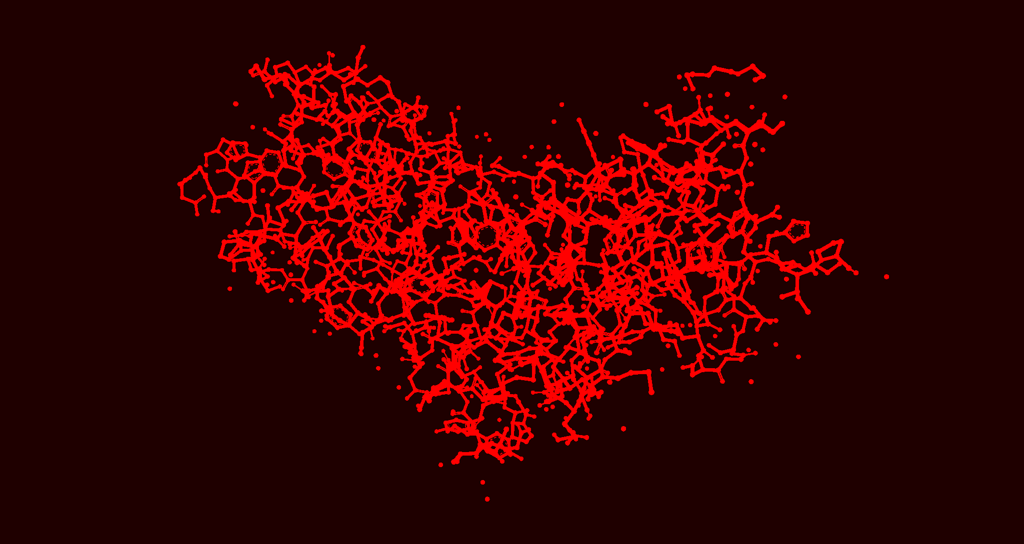 A rendering of a large protein molecule where pixels containing a fragment of the rendered mesh are colored bright red.