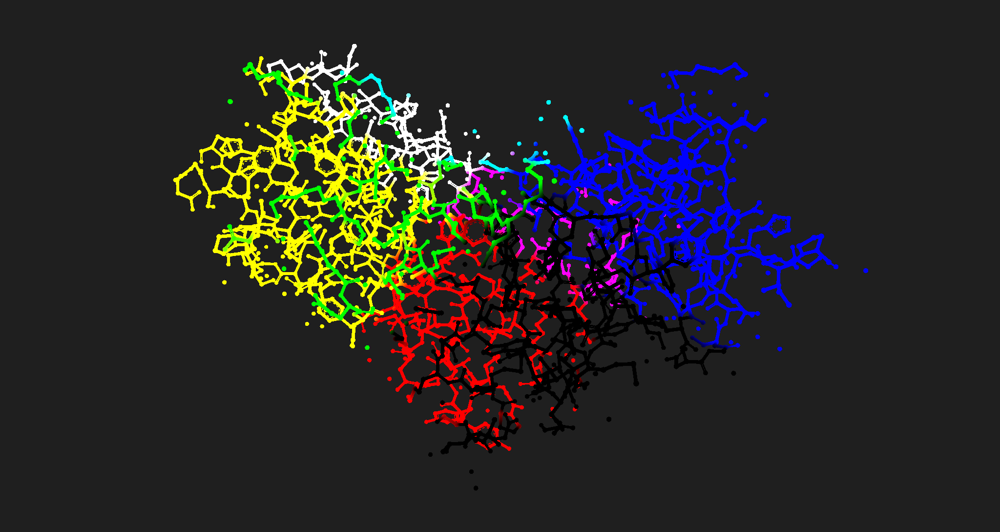 A rendering of a large protein molecule where the mesh is colored based on the XYZ position of the vertices.