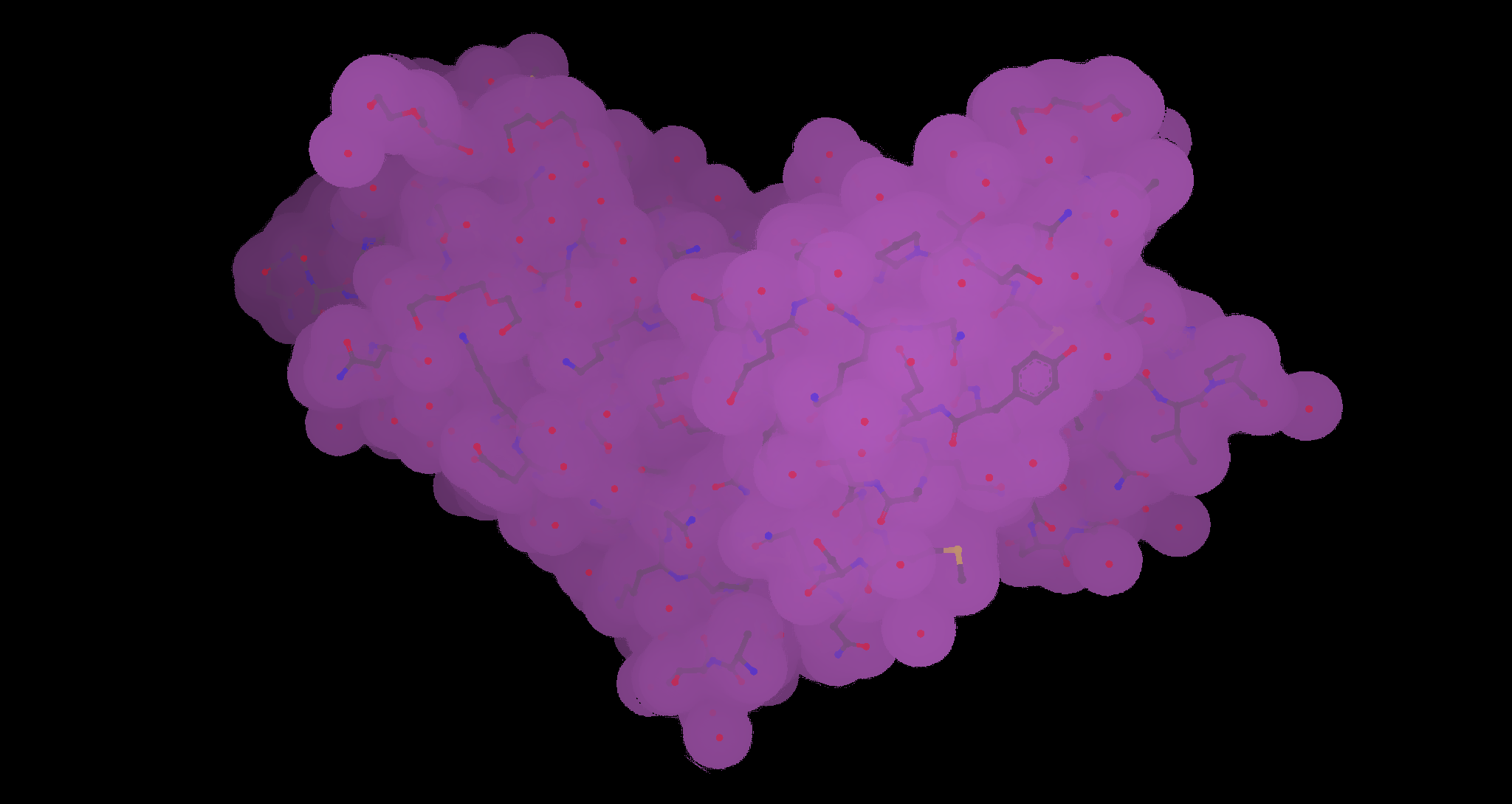 A rendering of a large protein molecule where the internal structure is visible through a foggy representation of the solvent exclusive surface of the molecule.