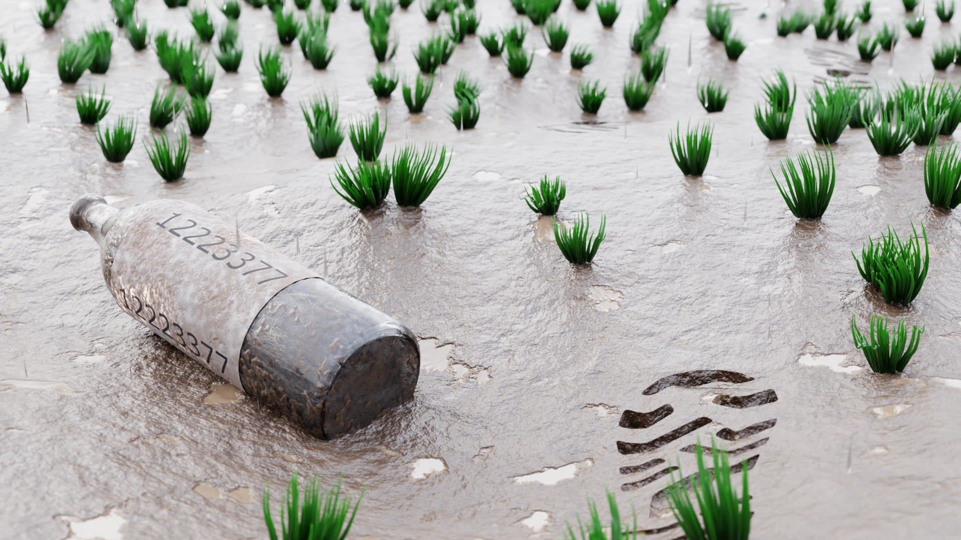 a rendering of a bottle on dirty and wet ground