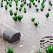 a rendering of a bottle on dirty and wet ground